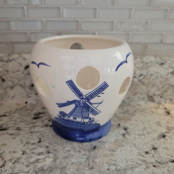 Set Of 2 Ceramic Dutch Delft Windmill Candle Holders Cutouts Blue & White - Picture 4 of 13
